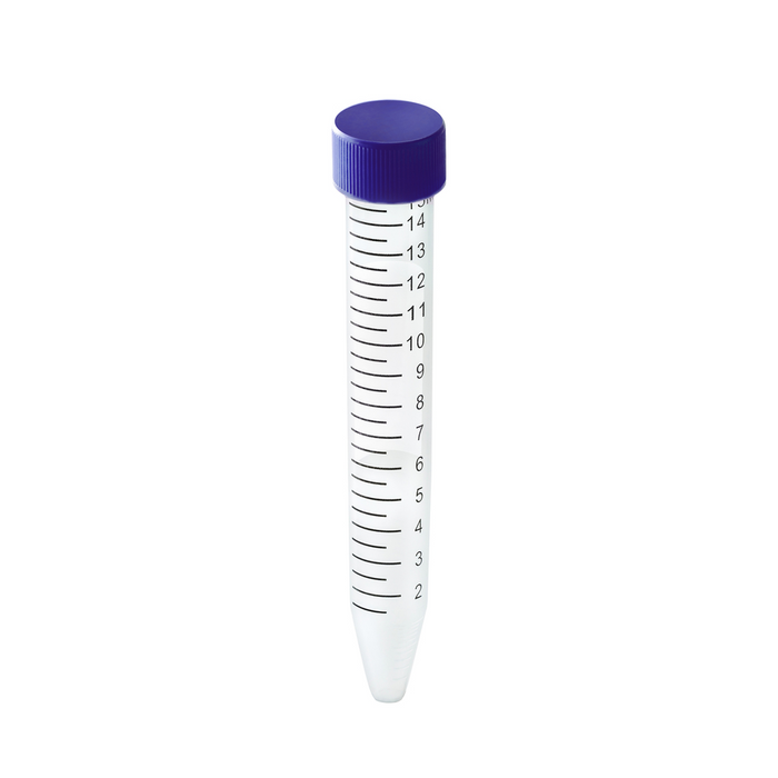 15mL Flat Screw Cap Conical Centrifuge Tubes w/ Navy Cap, Sterile, 500/unit
