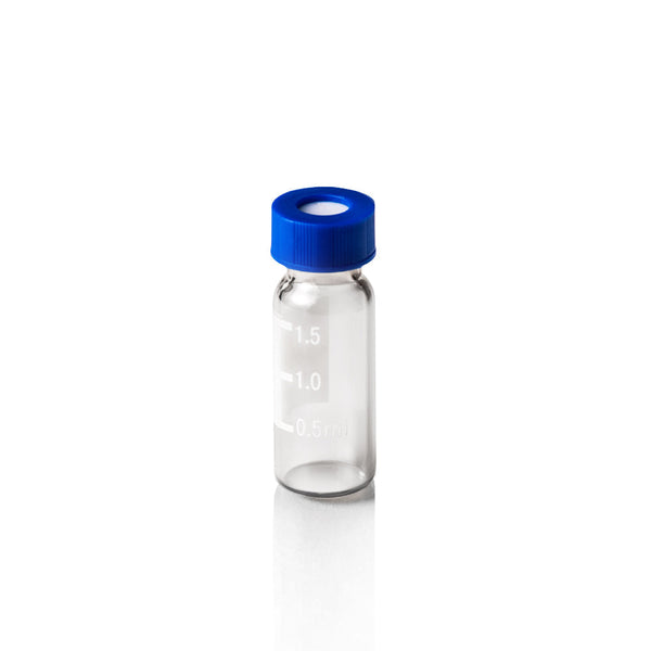 Screw Top, 9-425, Clear Autosampler Vials and Blue Caps, Pre-assembled, PTFE Silicone, Patch, 2mL, 100/unit
