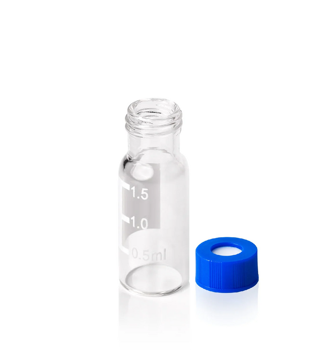 Screw Top, 9-425, Autosampler, Clear Vial, w/ Patch, 2.0 mL, Pre-assembled, PTFE Silicone, Blue Cap