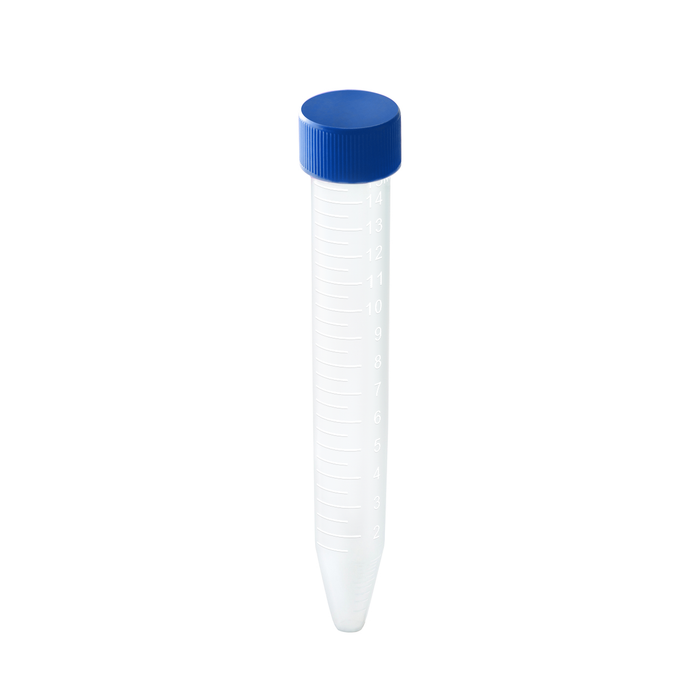 15mL Flat Screw Cap Conical Centrifuge Tubes w/ Blue Caps, Sterile, 500/unit