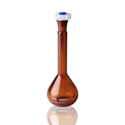 Glass Volumetric Flask, w/ Stopper, Amber, 100mL, 10/unit