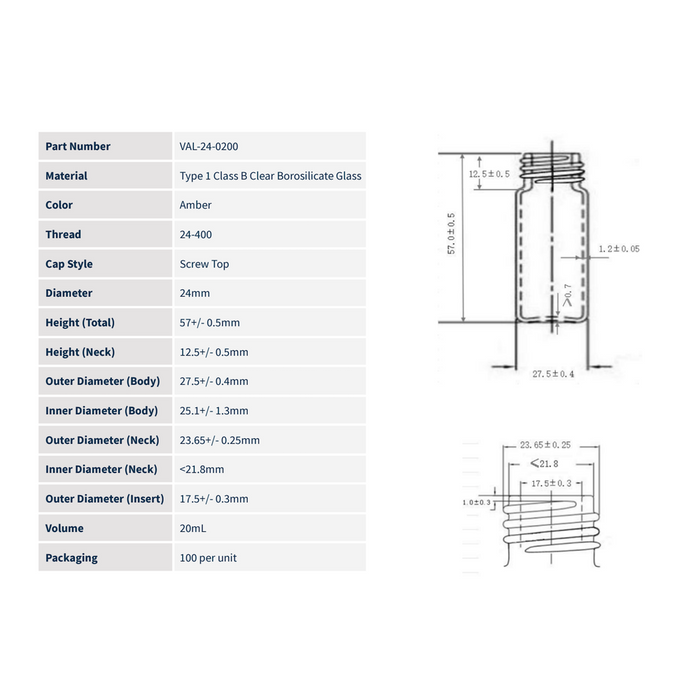 20mL 24-400 Amber Scintillation Vials, 100/unit