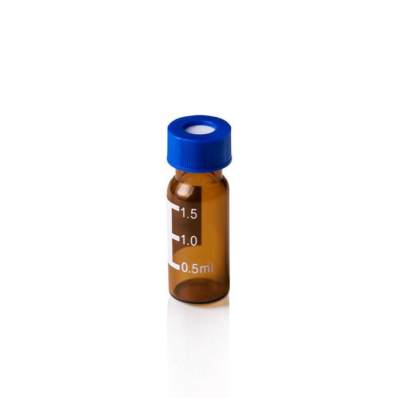 Screw Top, 9-425, Amber Autosampler Vials and Blue Caps, Bonded, PTFE Silicone, Patch, 2mL, 100/unit