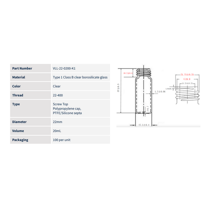 20mL 22-400 Clear Scintillation Vials w/ PTFE Caps, 100/unit - Filtrous