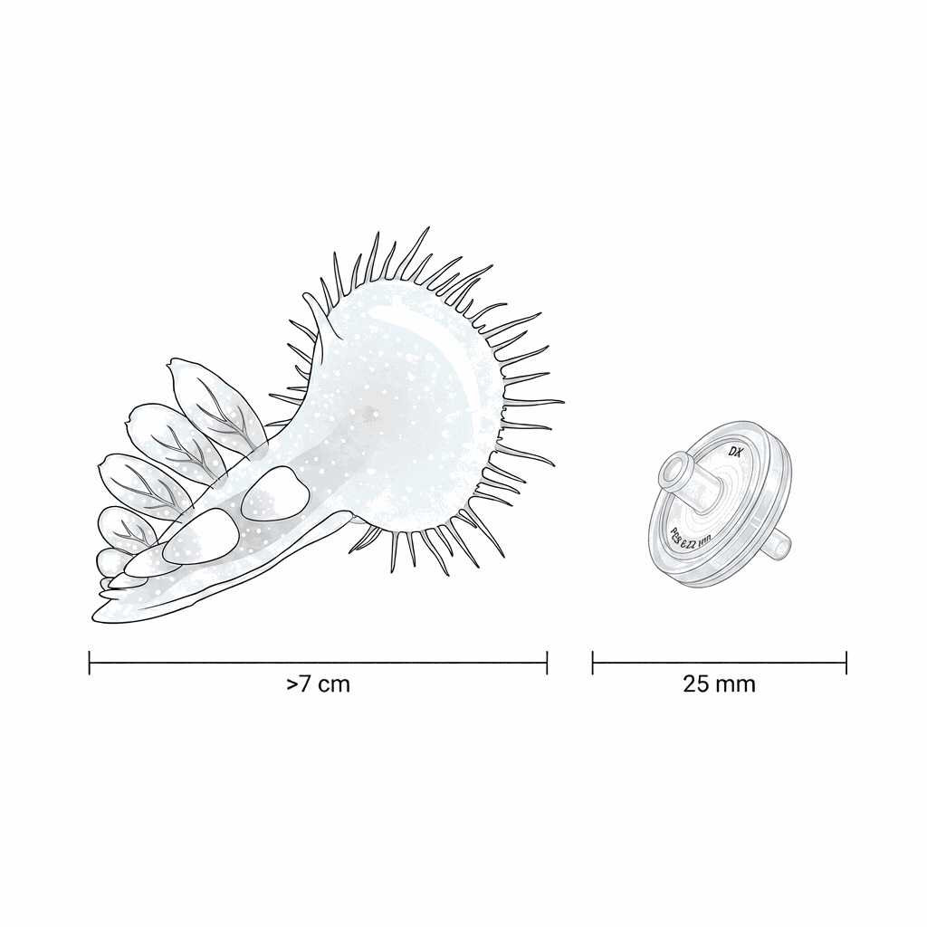 Melibe leonina next to a syringe filter